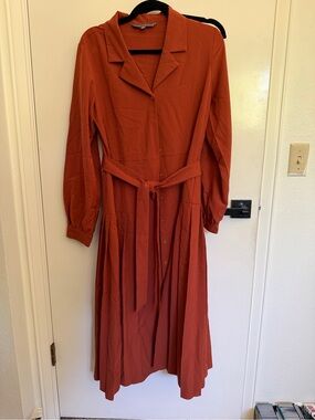 Sharagano Long Sleeve Rust Button-Front Shirt Dress with Waist Tie